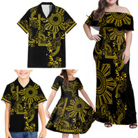 Filipino Sun Tribal Tattoo Family Matching Off Shoulder Maxi Dress and Hawaiian Shirt Philippines Inspired Barong Simple Gold LT9 - Wonder Print Shop
