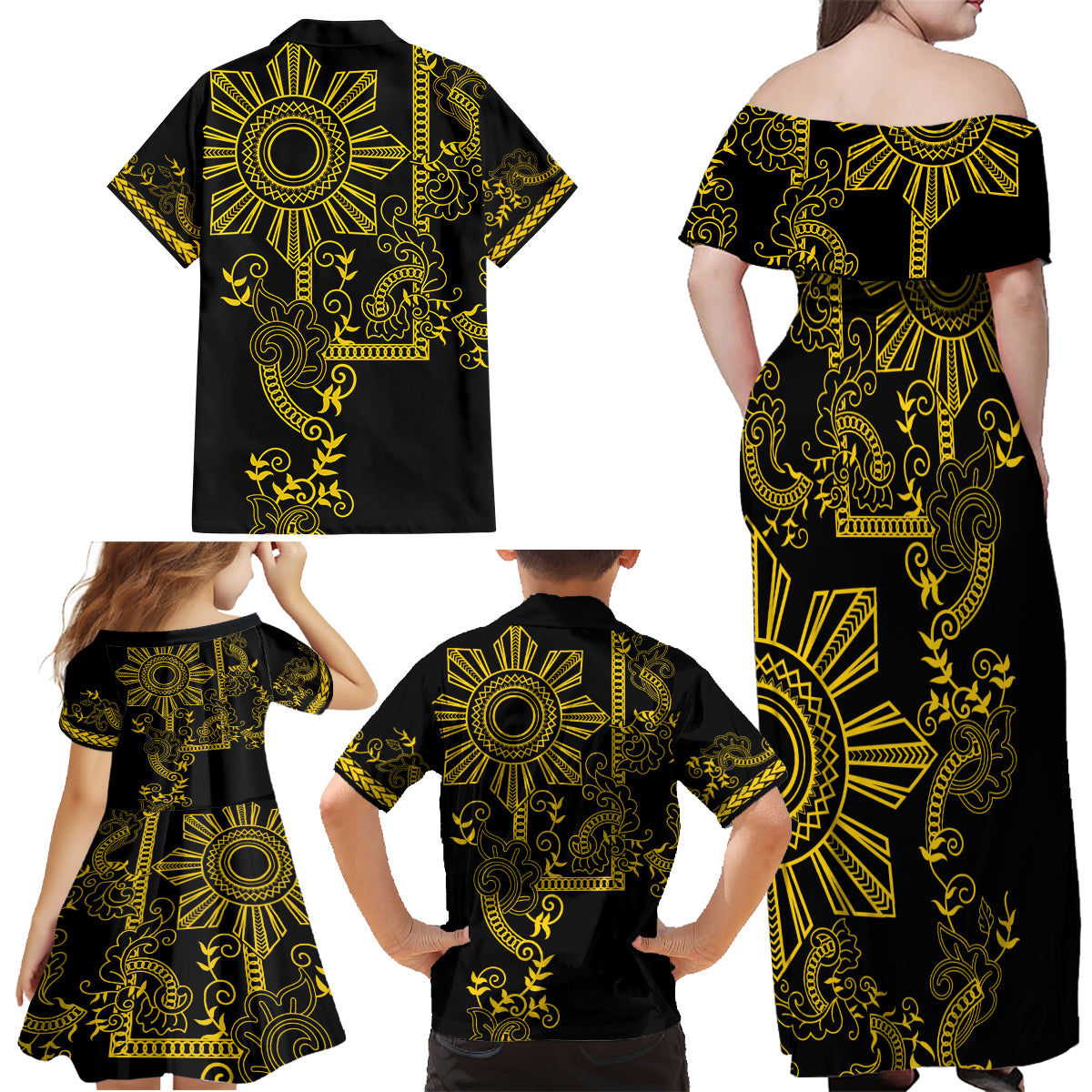 Filipino Sun Tribal Tattoo Family Matching Off Shoulder Maxi Dress and Hawaiian Shirt Philippines Inspired Barong Simple Gold LT9 - Wonder Print Shop