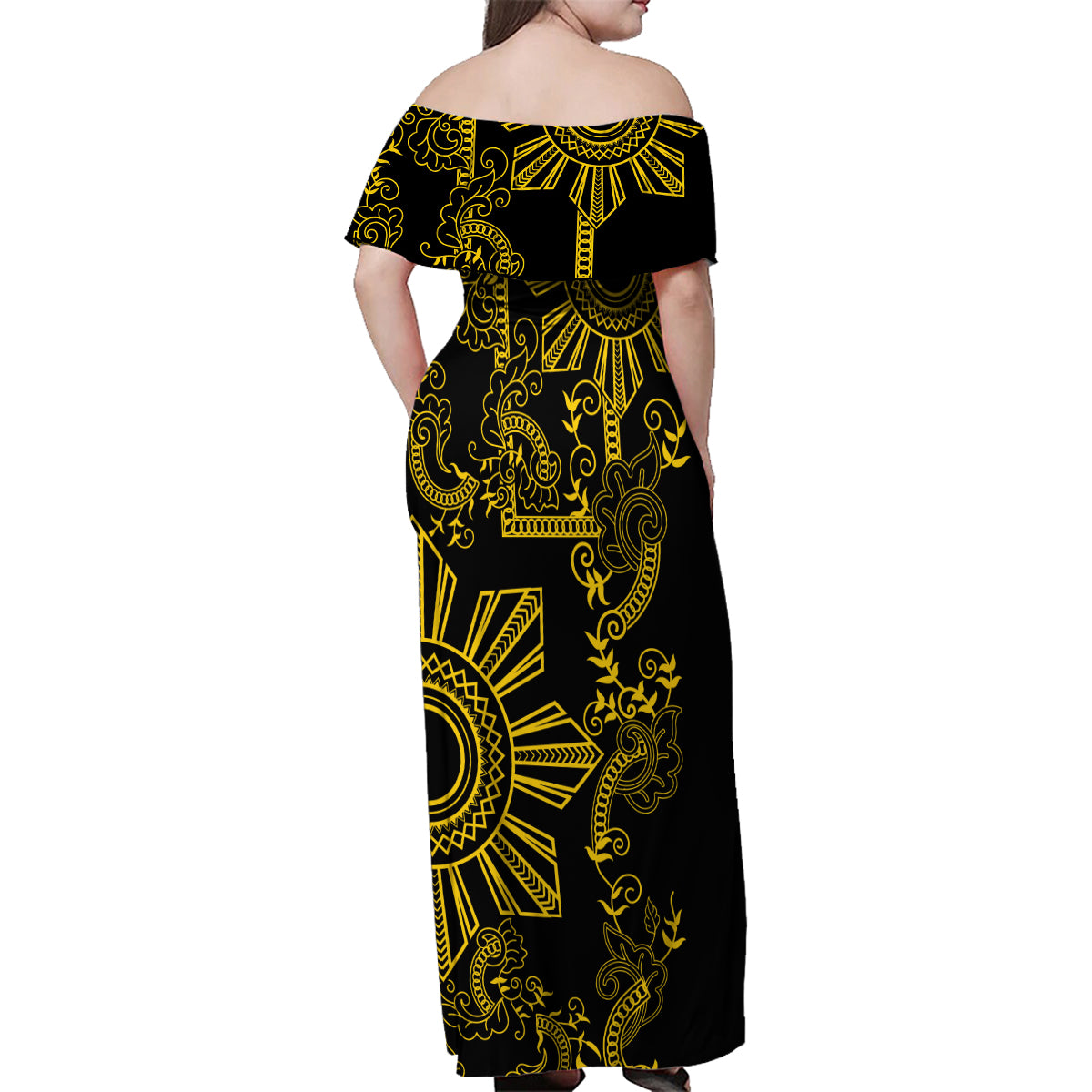 Filipino Sun Tribal Tattoo Family Matching Off Shoulder Maxi Dress and Hawaiian Shirt Philippines Inspired Barong Simple Gold LT9 - Wonder Print Shop