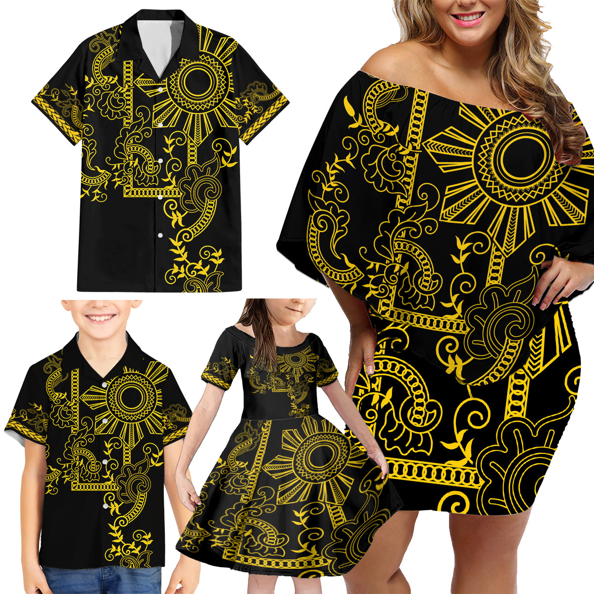 Filipino Sun Tribal Tattoo Family Matching Off Shoulder Short Dress and Hawaiian Shirt Philippines Inspired Barong Simple Gold LT9 - Wonder Print Shop