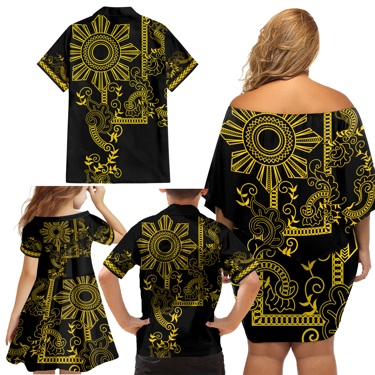 Filipino Sun Tribal Tattoo Family Matching Off Shoulder Short Dress and Hawaiian Shirt Philippines Inspired Barong Simple Gold LT9 - Wonder Print Shop