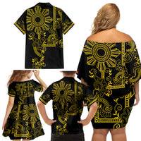 Filipino Sun Tribal Tattoo Family Matching Off Shoulder Short Dress and Hawaiian Shirt Philippines Inspired Barong Simple Gold LT9 - Wonder Print Shop