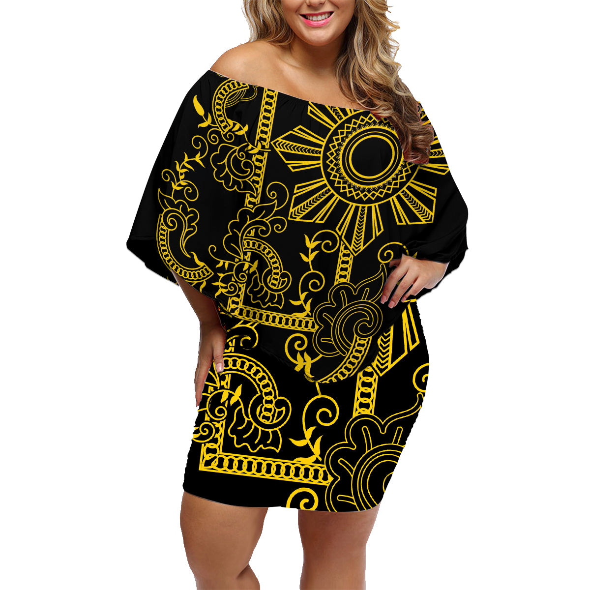 Filipino Sun Tribal Tattoo Family Matching Off Shoulder Short Dress and Hawaiian Shirt Philippines Inspired Barong Simple Gold LT9 - Wonder Print Shop