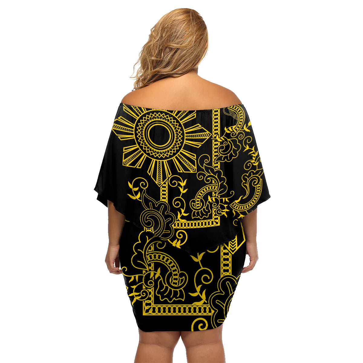 Filipino Sun Tribal Tattoo Family Matching Off Shoulder Short Dress and Hawaiian Shirt Philippines Inspired Barong Simple Gold LT9 - Wonder Print Shop