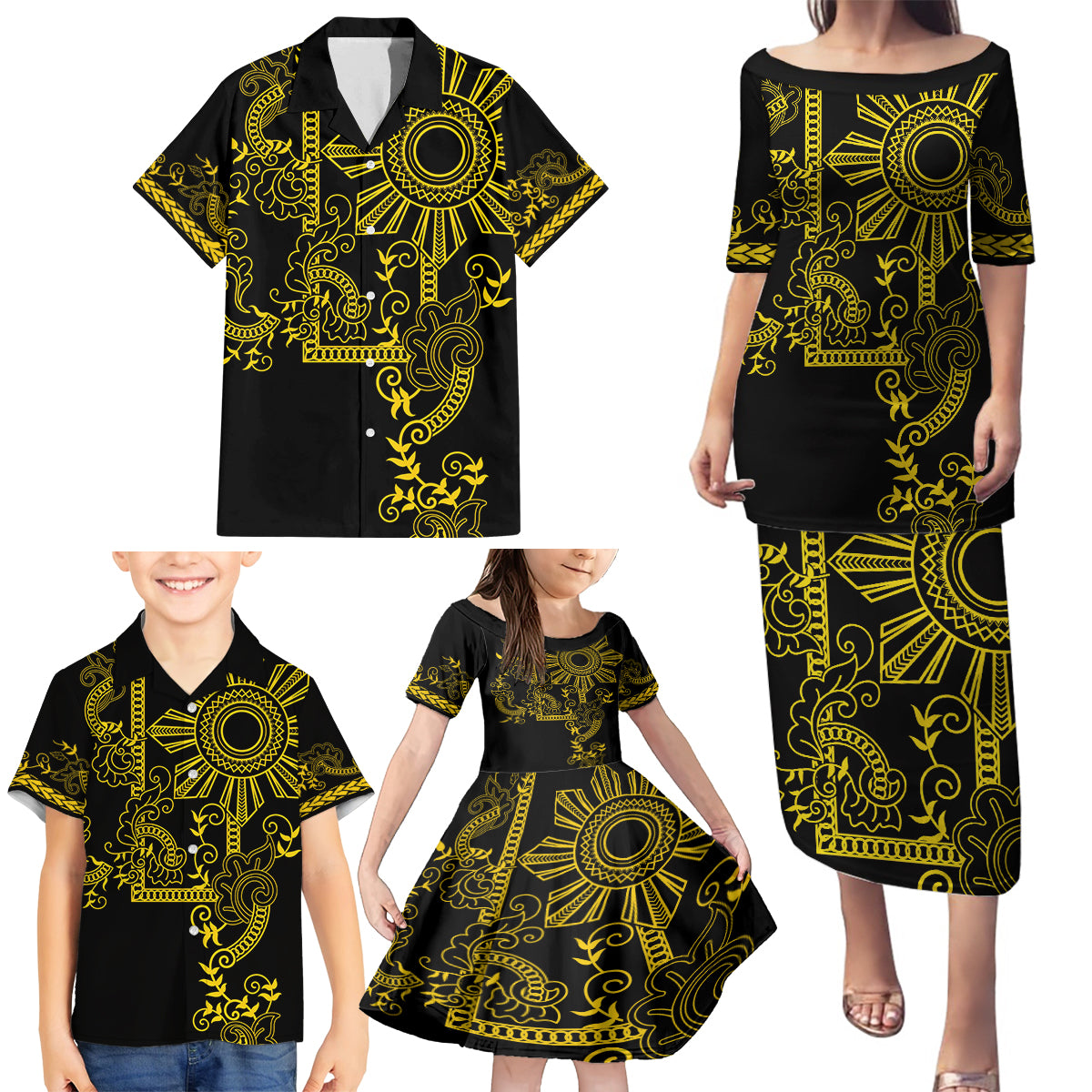 Filipino Sun Tribal Tattoo Family Matching Puletasi and Hawaiian Shirt Philippines Inspired Barong Simple Gold - Wonder Print Shop