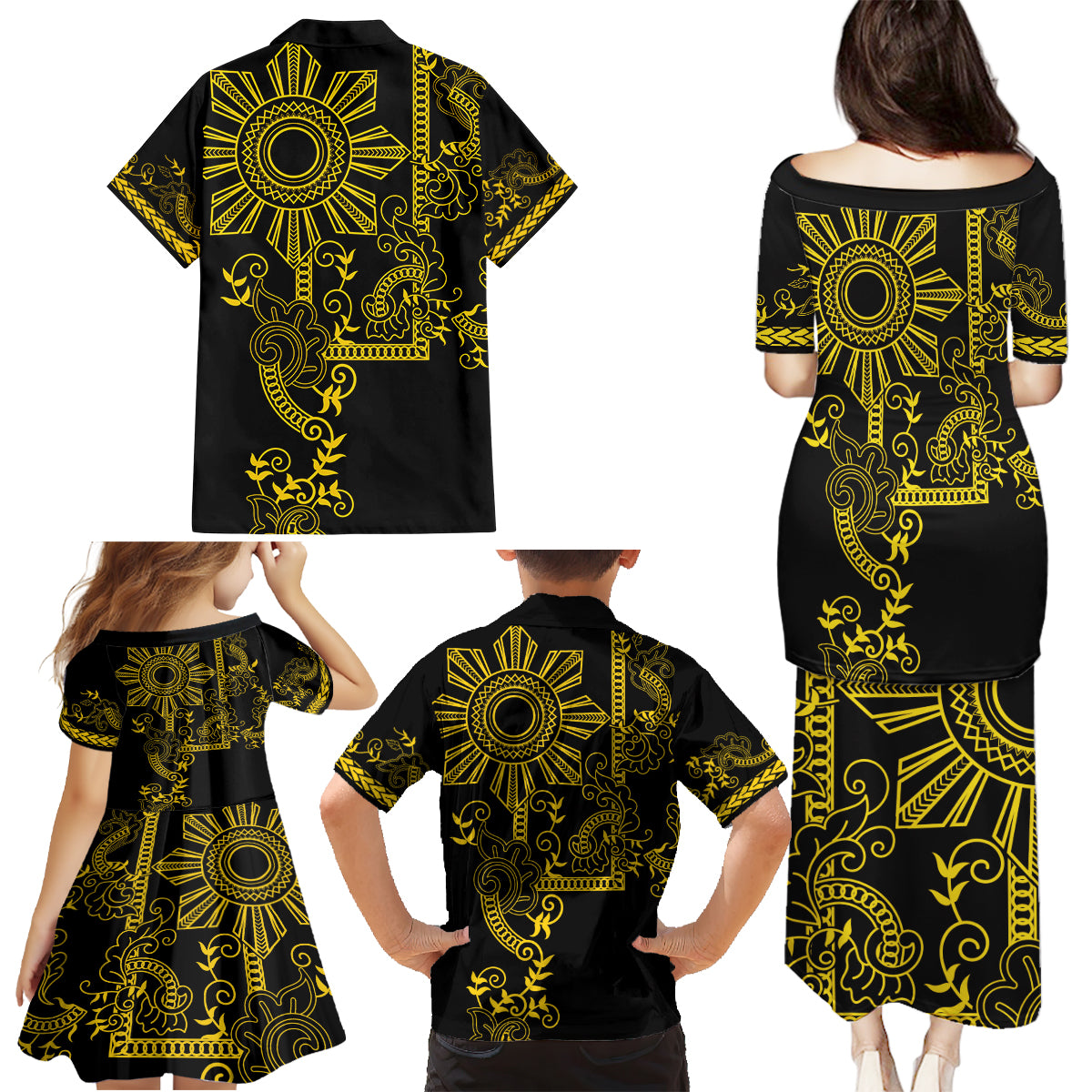 Filipino Sun Tribal Tattoo Family Matching Puletasi and Hawaiian Shirt Philippines Inspired Barong Simple Gold - Wonder Print Shop