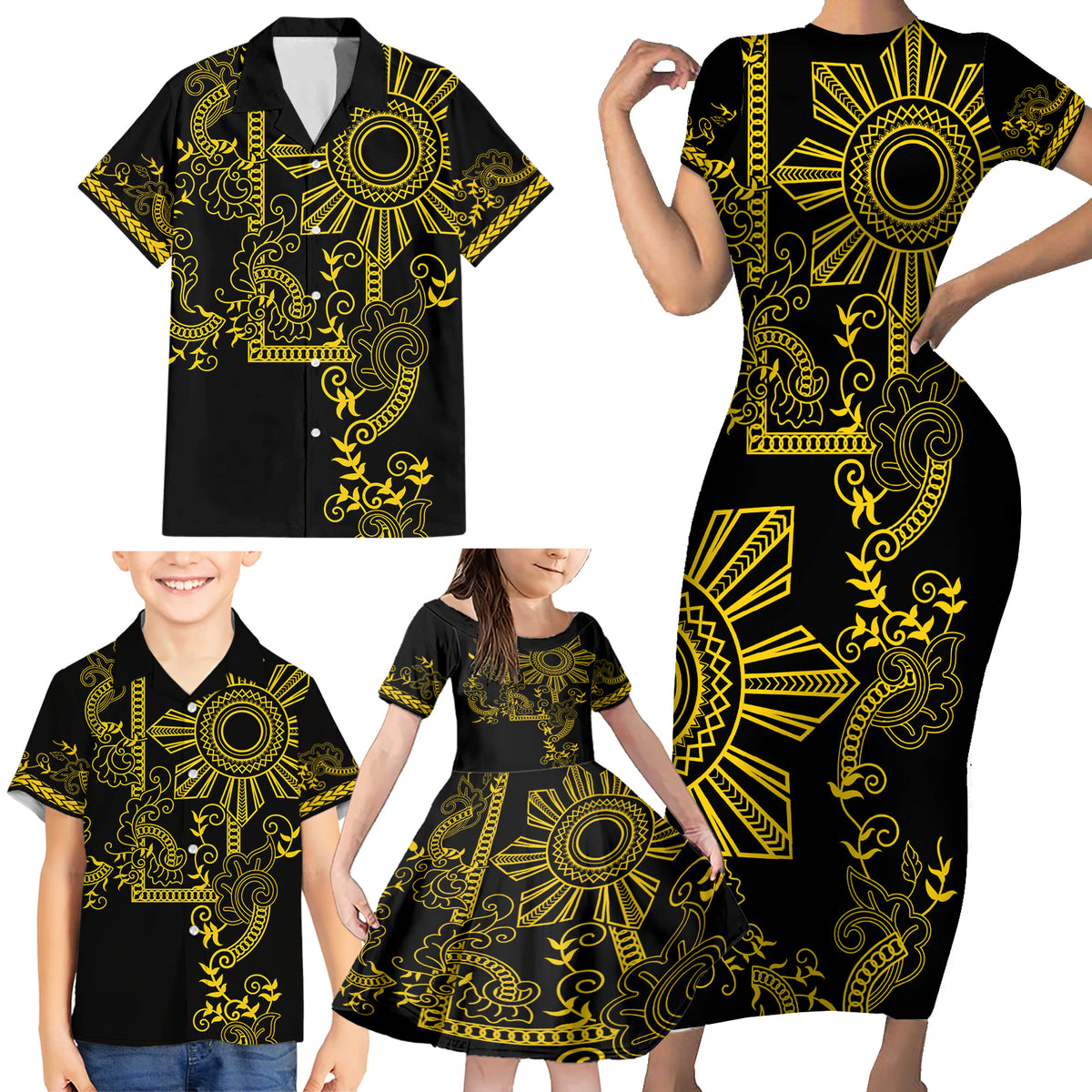 Filipino Sun Tribal Tattoo Family Matching Short Sleeve Bodycon Dress and Hawaiian Shirt Philippines Inspired Barong Simple Gold - Wonder Print Shop