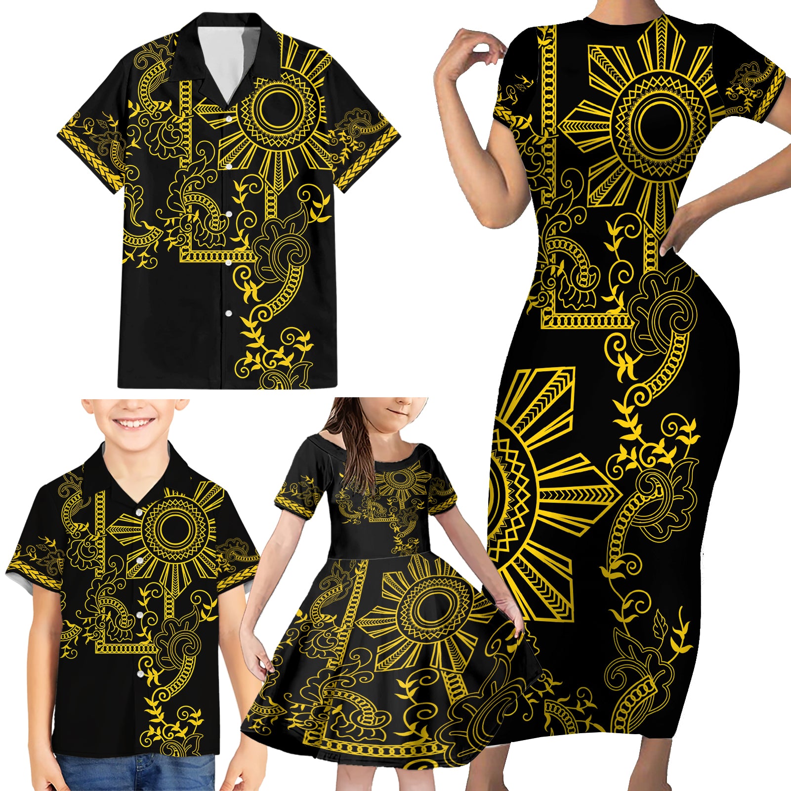 Filipino Sun Tribal Tattoo Family Matching Short Sleeve Bodycon Dress and Hawaiian Shirt Philippines Inspired Barong Simple Gold - Wonder Print Shop