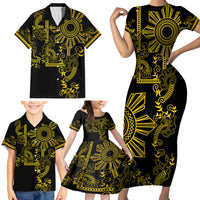 Filipino Sun Tribal Tattoo Family Matching Short Sleeve Bodycon Dress and Hawaiian Shirt Philippines Inspired Barong Simple Gold - Wonder Print Shop