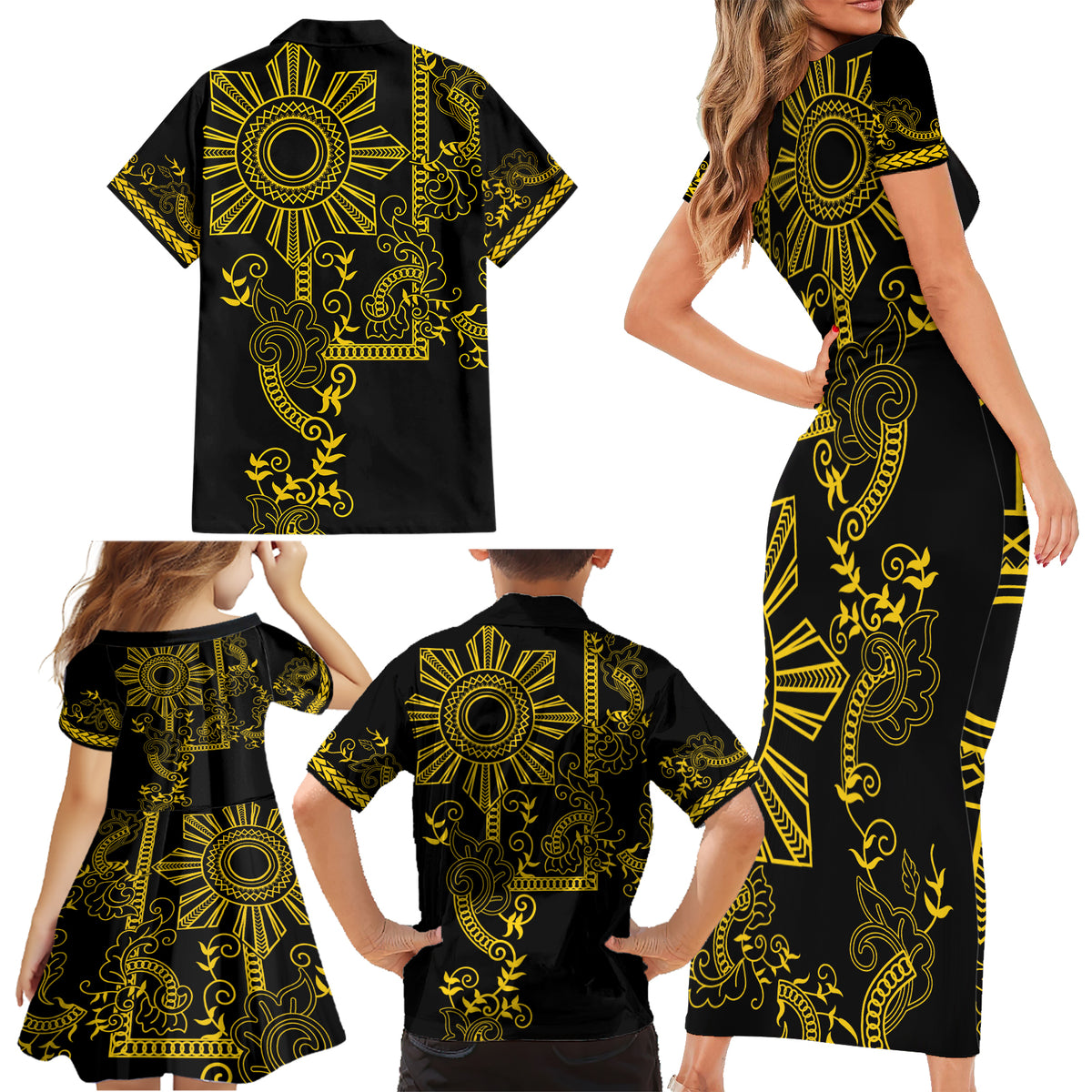 Filipino Sun Tribal Tattoo Family Matching Short Sleeve Bodycon Dress and Hawaiian Shirt Philippines Inspired Barong Simple Gold - Wonder Print Shop