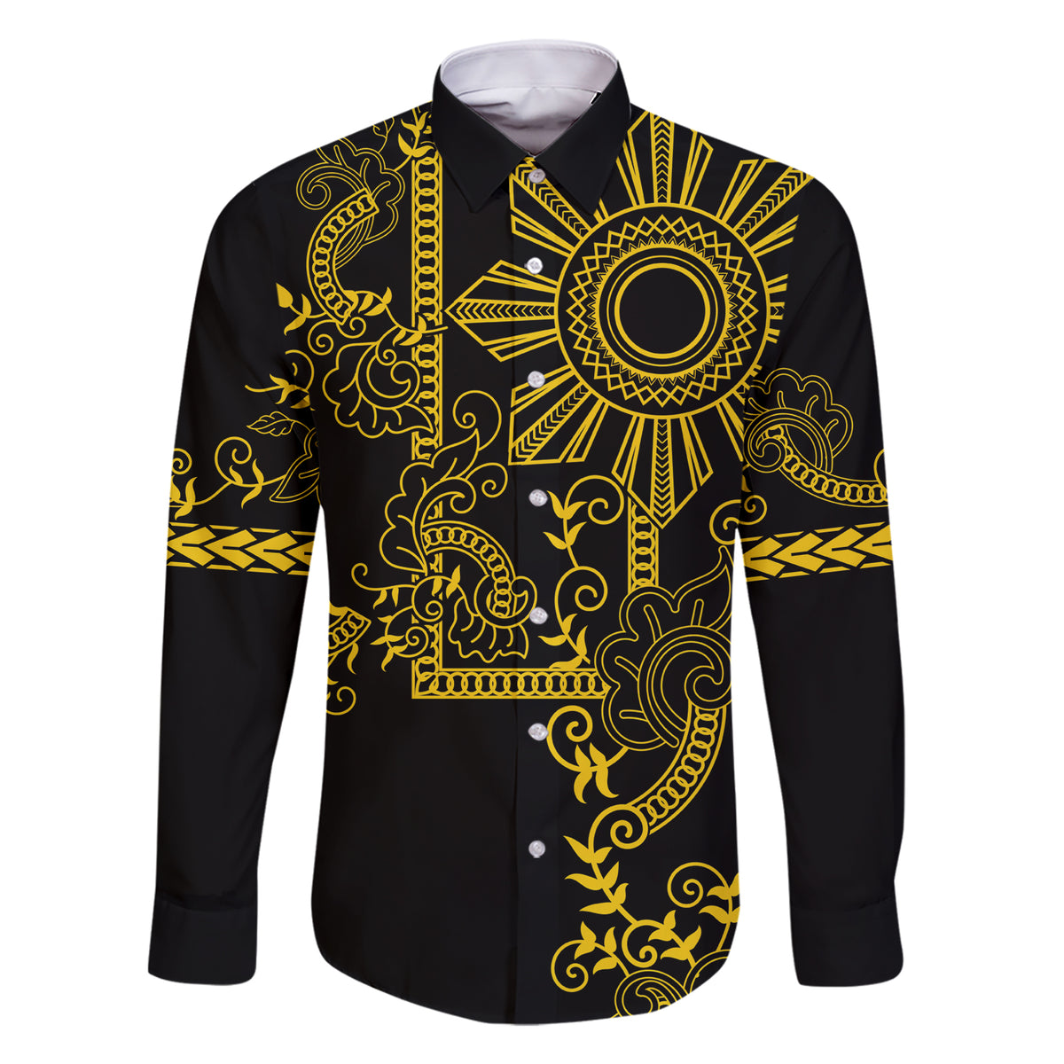 Filipino Sun Tribal Tattoo Family Matching Short Sleeve Bodycon Dress and Hawaiian Shirt Philippines Inspired Barong Simple Gold - Wonder Print Shop