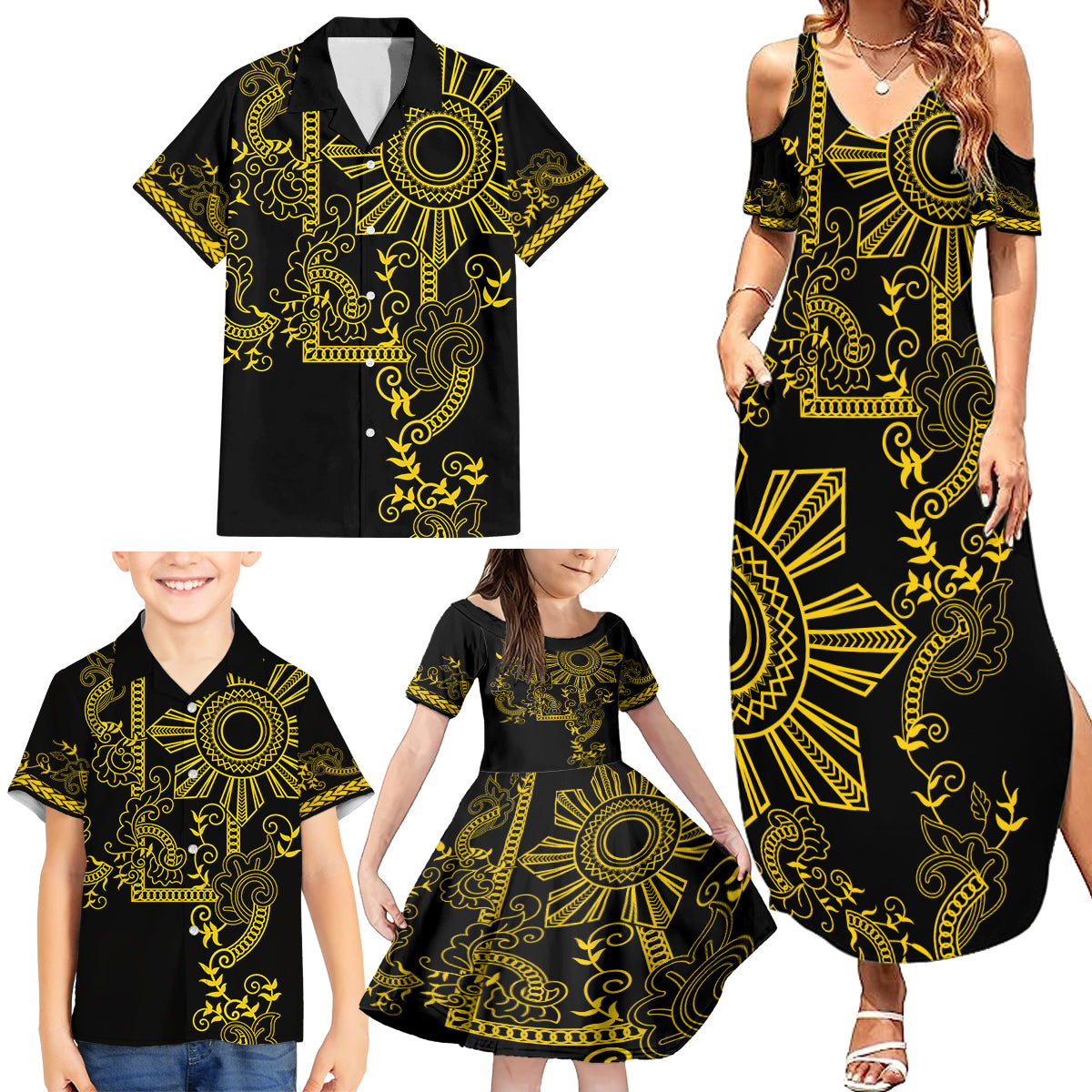 Filipino Sun Tribal Tattoo Family Matching Summer Maxi Dress and Hawaiian Shirt Philippines Inspired Barong Simple Gold - Wonder Print Shop
