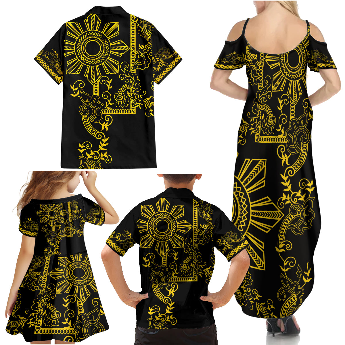 Filipino Sun Tribal Tattoo Family Matching Summer Maxi Dress and Hawaiian Shirt Philippines Inspired Barong Simple Gold - Wonder Print Shop