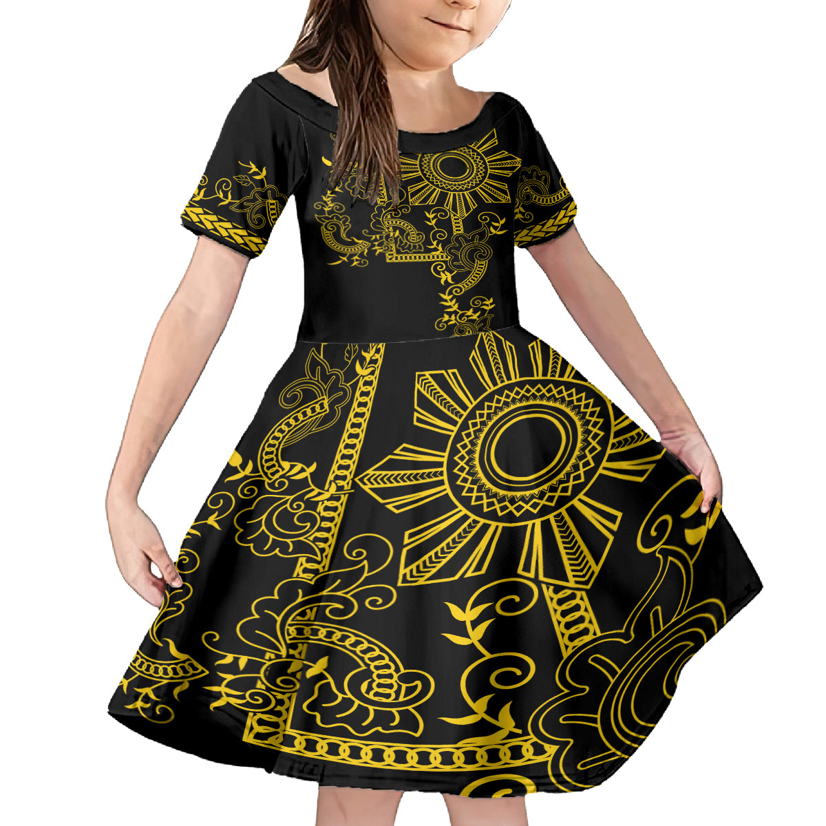 Filipino Sun Tribal Tattoo Family Matching Tank Maxi Dress and Hawaiian Shirt Philippines Inspired Barong Simple Gold - Wonder Print Shop