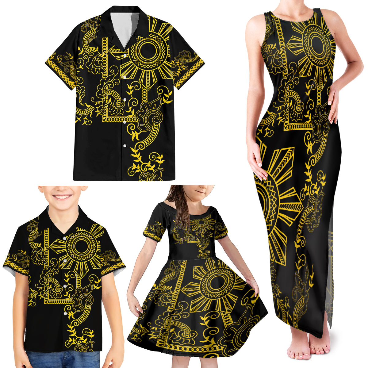 Filipino Sun Tribal Tattoo Family Matching Tank Maxi Dress and Hawaiian Shirt Philippines Inspired Barong Simple Gold - Wonder Print Shop