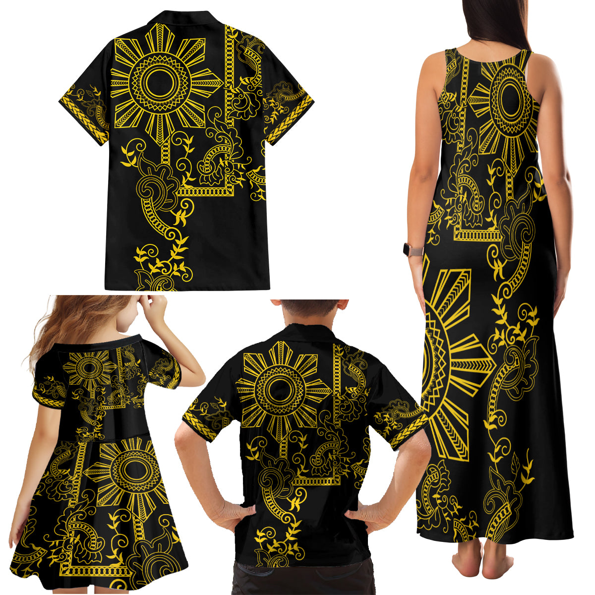 Filipino Sun Tribal Tattoo Family Matching Tank Maxi Dress and Hawaiian Shirt Philippines Inspired Barong Simple Gold - Wonder Print Shop