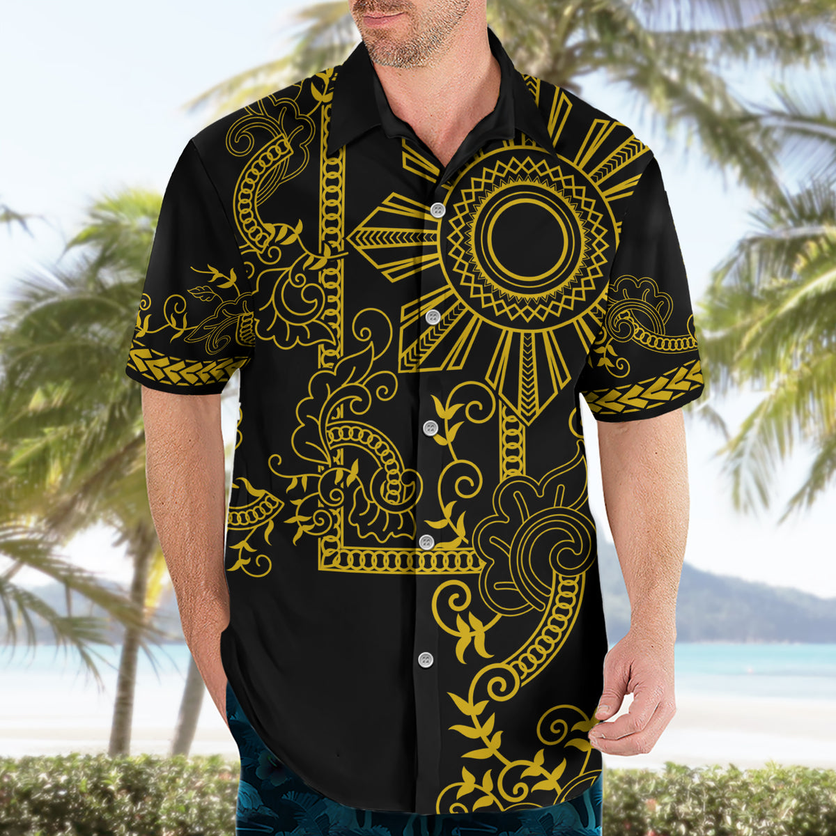 Filipino Sun Tribal Tattoo Hawaiian Shirt Philippines Inspired Barong Simple Gold - Wonder Print Shop