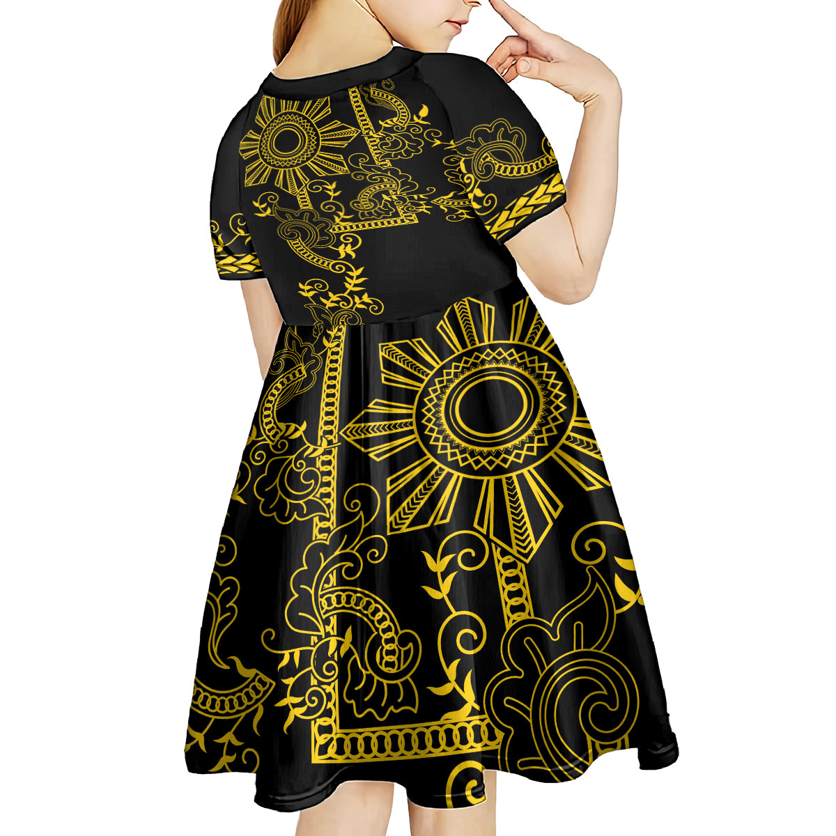 Filipino Sun Tribal Tattoo Kid Short Sleeve Dress Philippines Inspired Barong Simple Gold - Wonder Print Shop