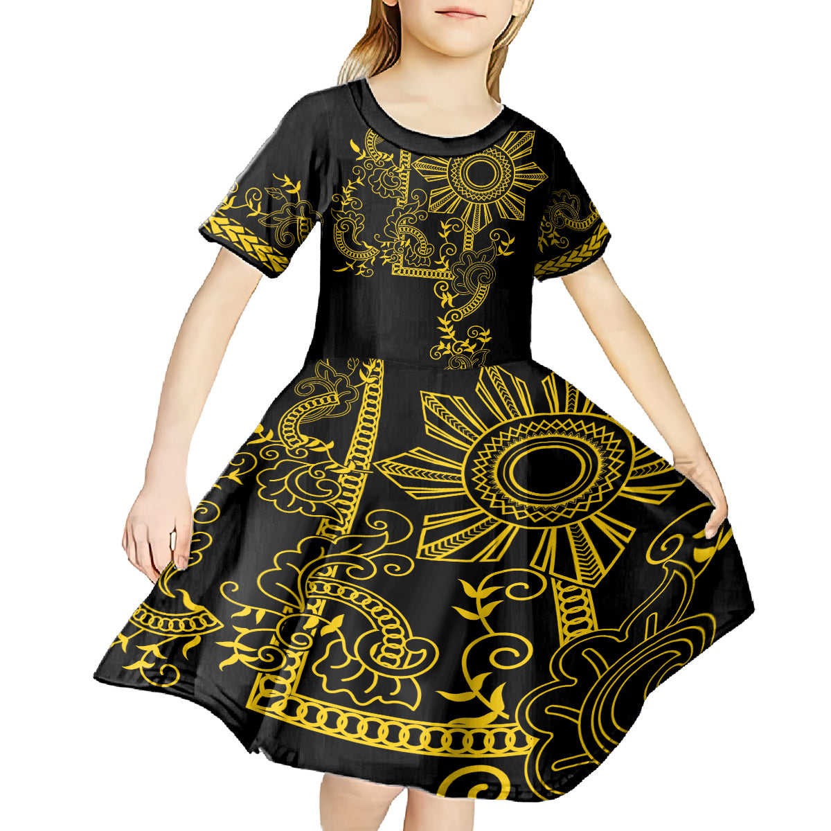 Filipino Sun Tribal Tattoo Kid Short Sleeve Dress Philippines Inspired Barong Simple Gold - Wonder Print Shop
