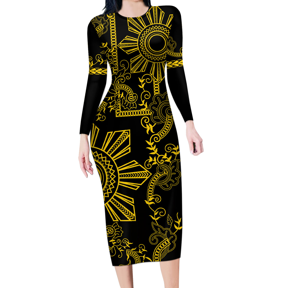 Filipino Sun Tribal Tattoo Long Sleeve Bodycon Dress Philippines Inspired Barong Simple Gold - Wonder Print Shop