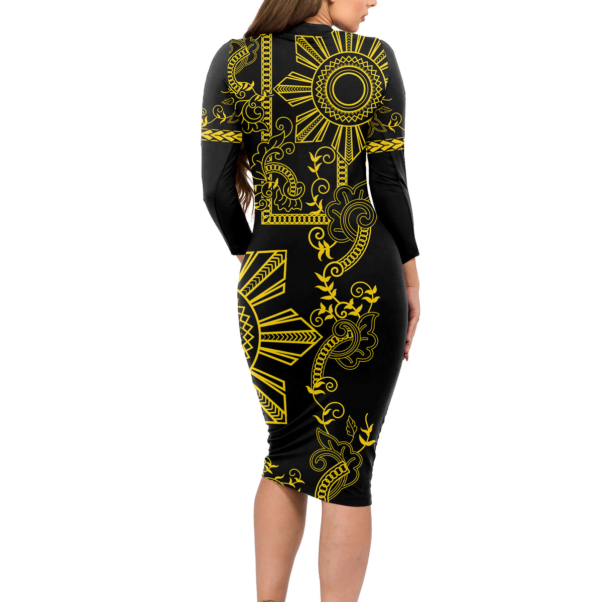 Filipino Sun Tribal Tattoo Long Sleeve Bodycon Dress Philippines Inspired Barong Simple Gold - Wonder Print Shop