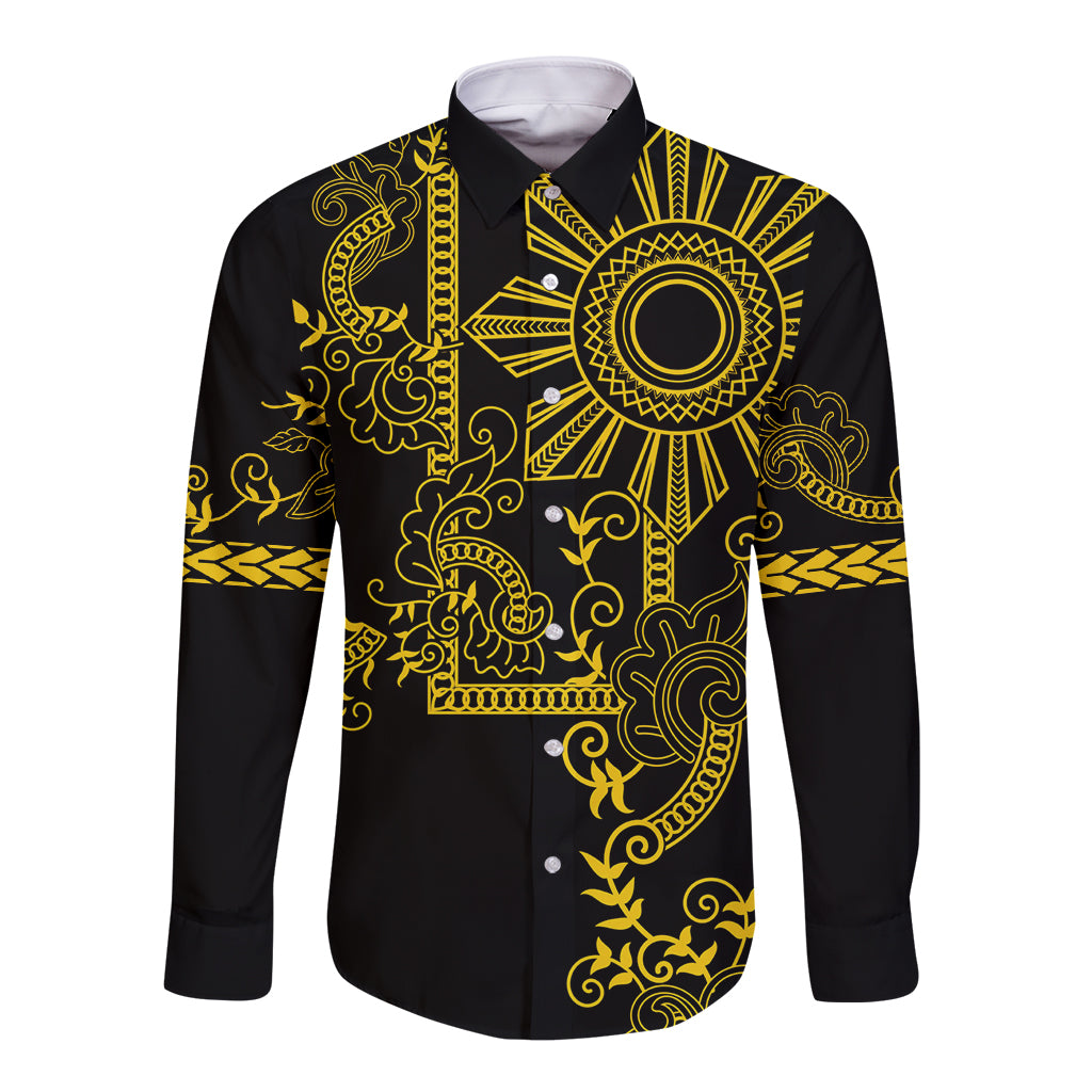 Filipino Sun Tribal Tattoo Long Sleeve Button Shirt Philippines Inspired Barong Simple Gold - Wonder Print Shop