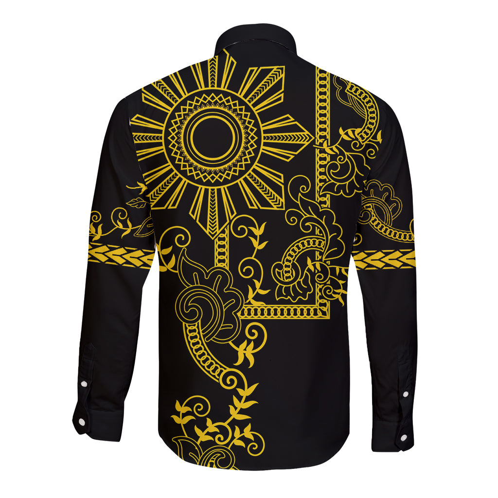 Filipino Sun Tribal Tattoo Long Sleeve Button Shirt Philippines Inspired Barong Simple Gold - Wonder Print Shop