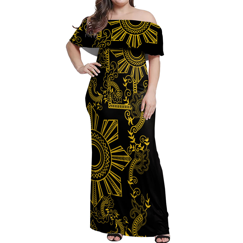 Filipino Sun Tribal Tattoo Off Shoulder Maxi Dress Philippines Inspired Barong Simple Gold - Wonder Print Shop