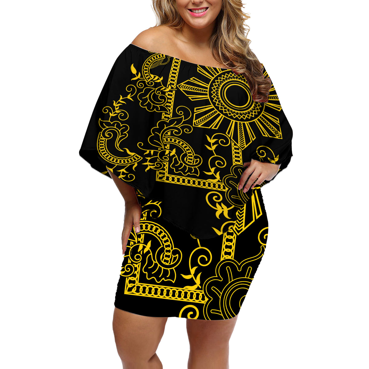 Filipino Sun Tribal Tattoo Off Shoulder Short Dress Philippines Inspired Barong Simple Gold - Wonder Print Shop