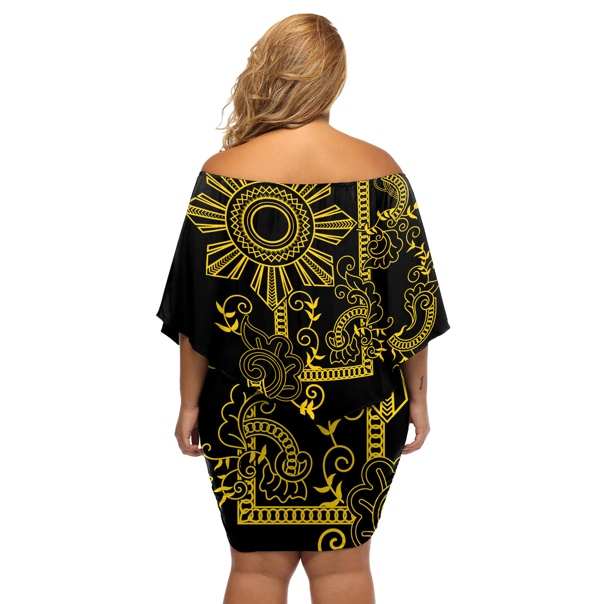 Filipino Sun Tribal Tattoo Off Shoulder Short Dress Philippines Inspired Barong Simple Gold - Wonder Print Shop