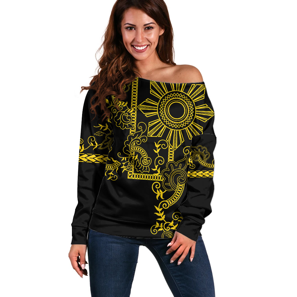 Filipino Sun Tribal Tattoo Off Shoulder Sweater Philippines Inspired Barong Simple Gold - Wonder Print Shop