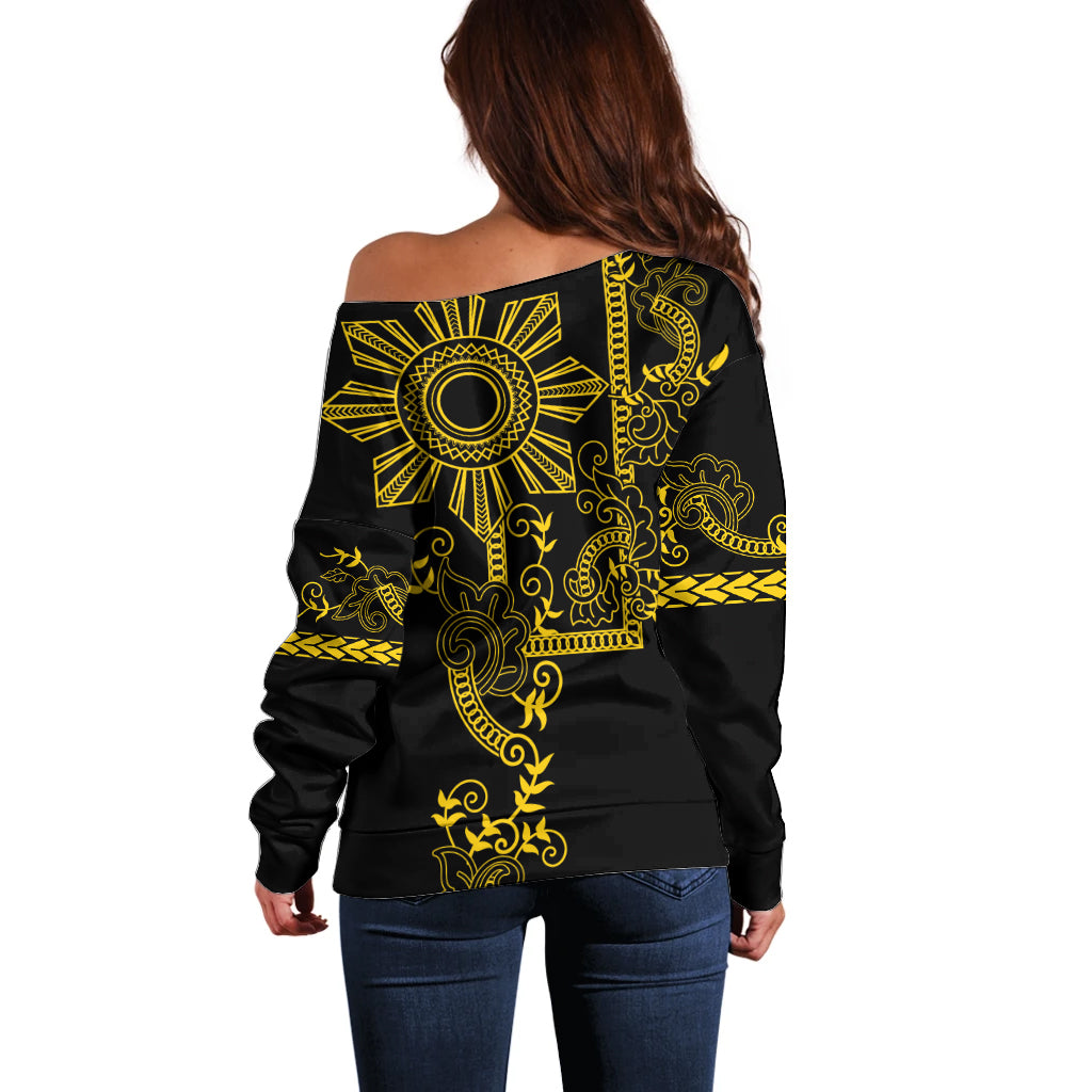 Filipino Sun Tribal Tattoo Off Shoulder Sweater Philippines Inspired Barong Simple Gold - Wonder Print Shop