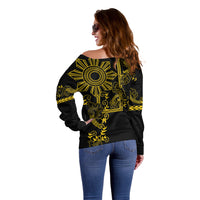 Filipino Sun Tribal Tattoo Off Shoulder Sweater Philippines Inspired Barong Simple Gold - Wonder Print Shop