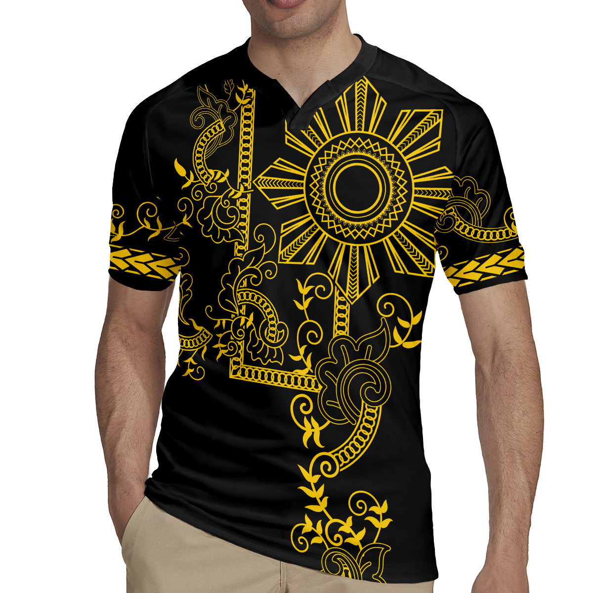 Filipino Sun Tribal Tattoo Rugby Jersey Philippines Inspired Barong Simple Gold - Wonder Print Shop