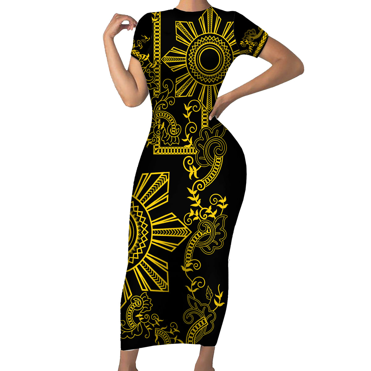 Filipino Sun Tribal Tattoo Short Sleeve Bodycon Dress Philippines Inspired Barong Simple Gold - Wonder Print Shop