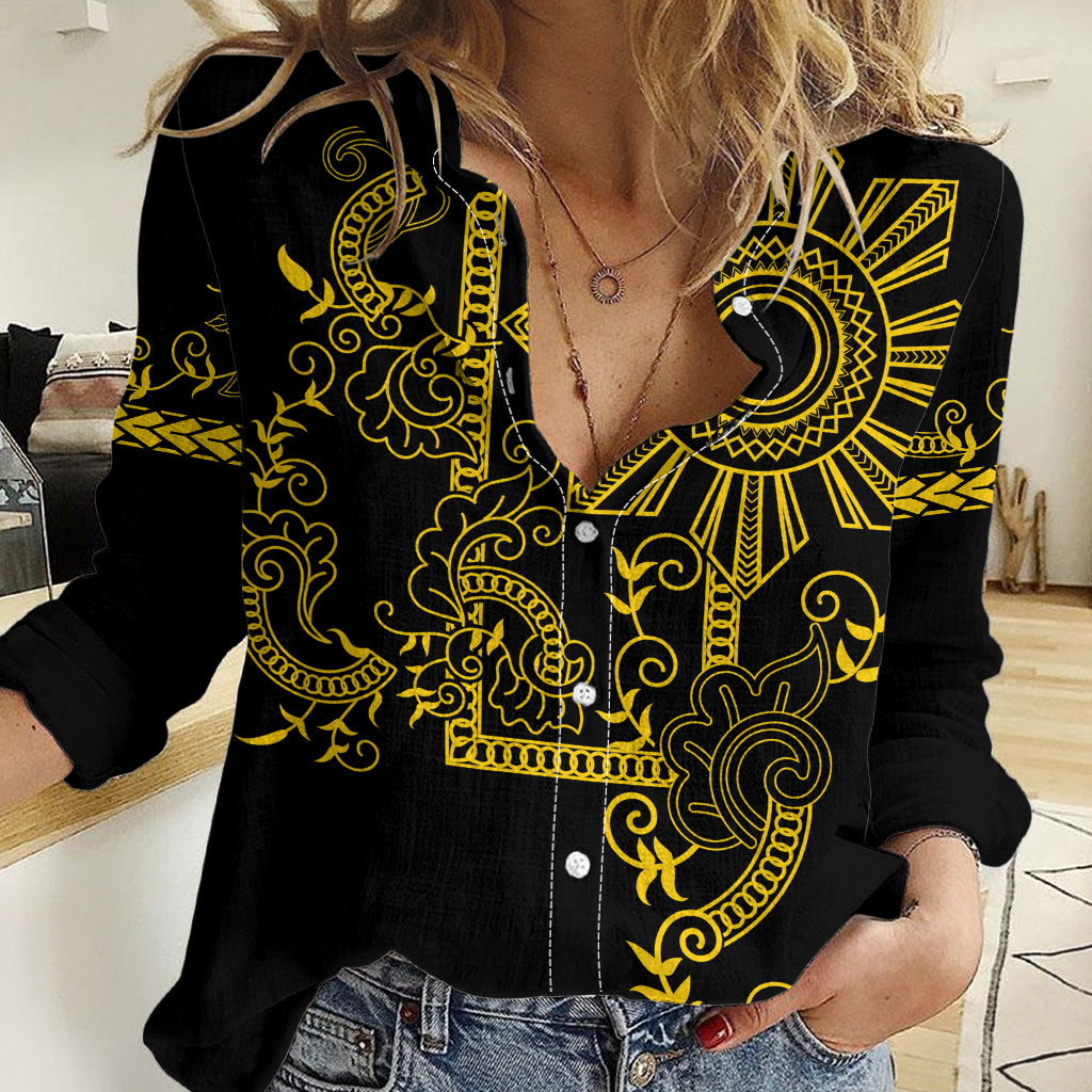 Filipino Sun Tribal Tattoo Women Casual Shirt Philippines Inspired Barong Simple Gold - Wonder Print Shop