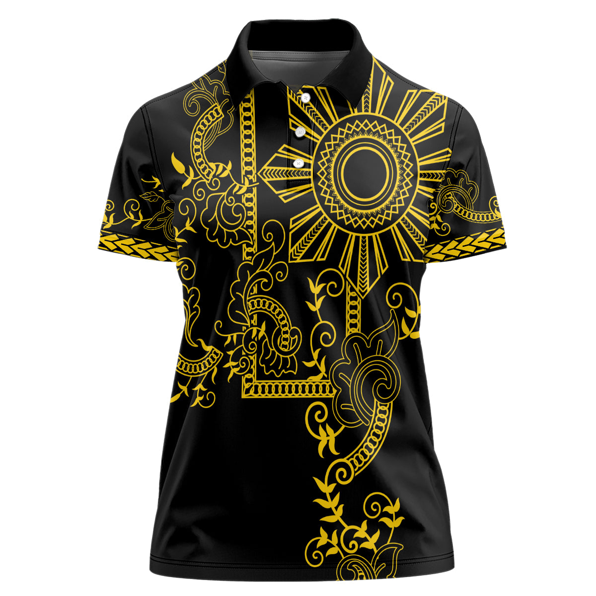 Filipino Sun Tribal Tattoo Women Polo Shirt Philippines Inspired Barong Simple Gold - Wonder Print Shop