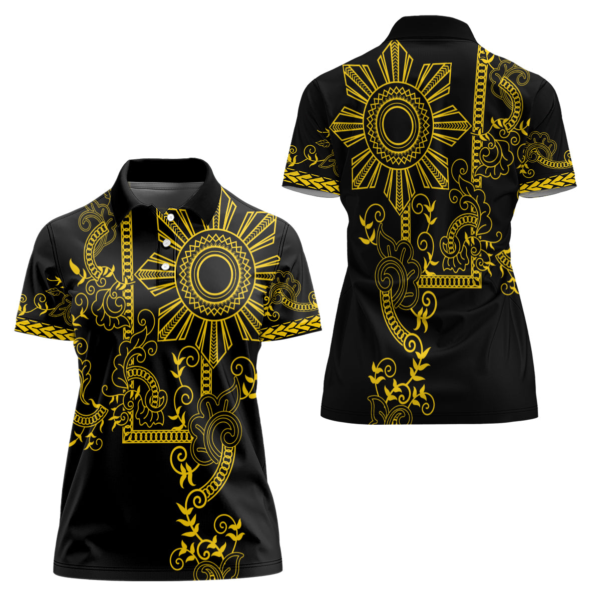 Filipino Sun Tribal Tattoo Women Polo Shirt Philippines Inspired Barong Simple Gold - Wonder Print Shop