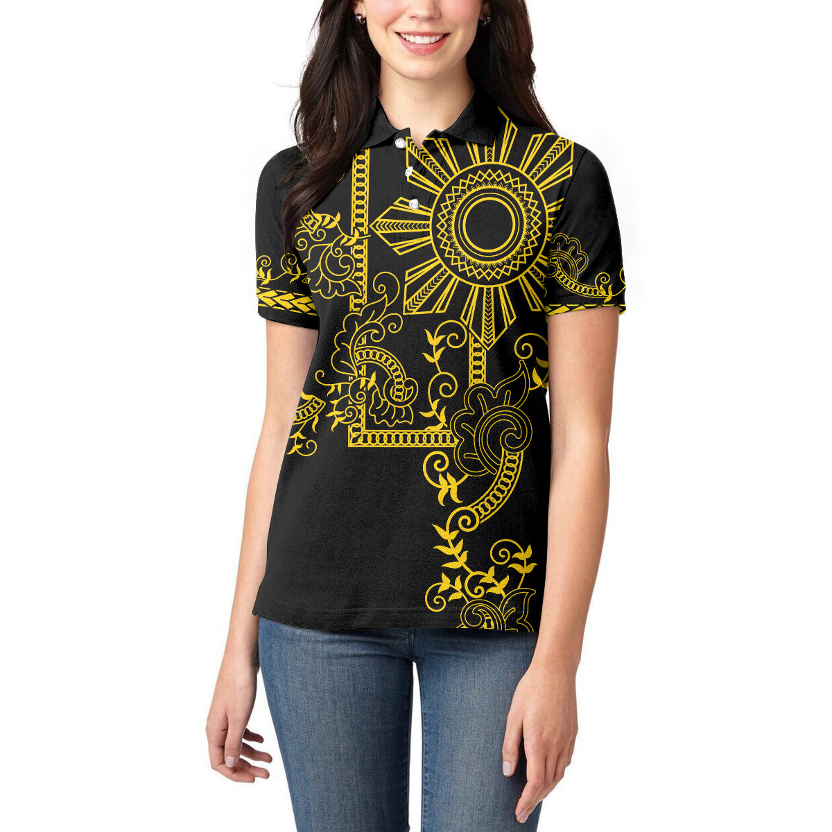 Filipino Sun Tribal Tattoo Women Polo Shirt Philippines Inspired Barong Simple Gold - Wonder Print Shop