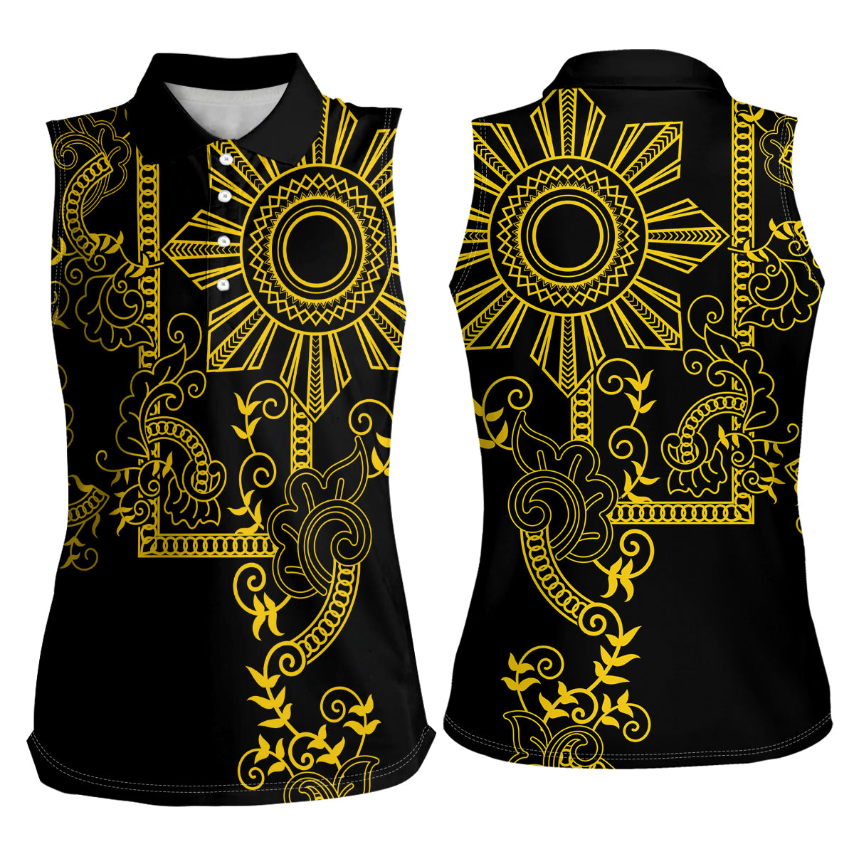 Filipino Sun Tribal Tattoo Women Sleeveless Polo Shirt Philippines Inspired Barong Simple Gold - Wonder Print Shop
