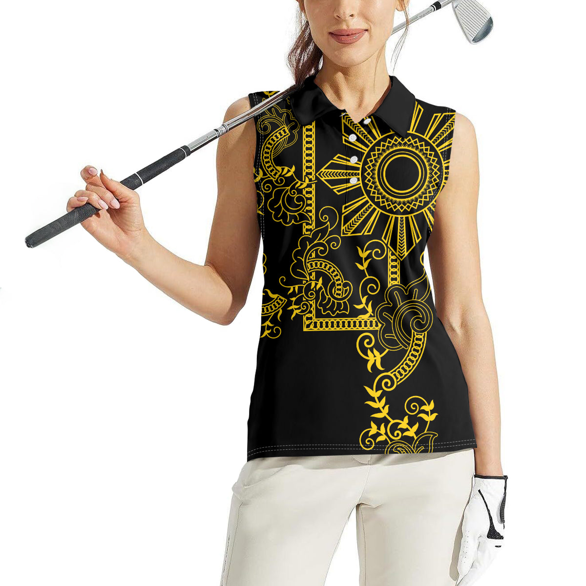 Filipino Sun Tribal Tattoo Women Sleeveless Polo Shirt Philippines Inspired Barong Simple Gold - Wonder Print Shop