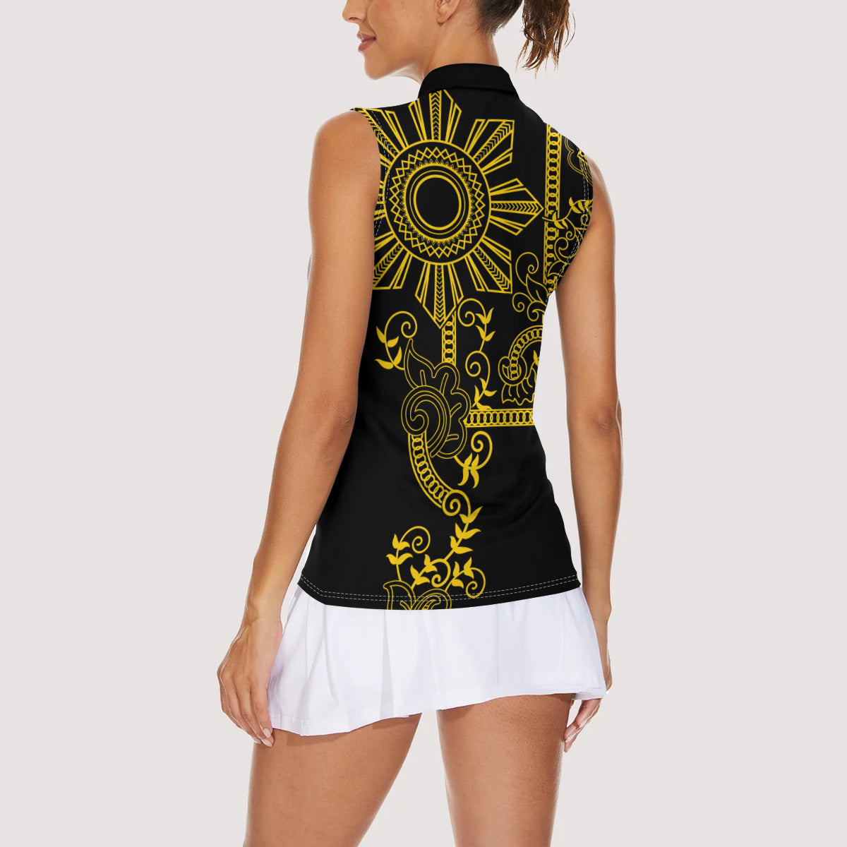 Filipino Sun Tribal Tattoo Women Sleeveless Polo Shirt Philippines Inspired Barong Simple Gold - Wonder Print Shop