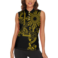 Filipino Sun Tribal Tattoo Women Sleeveless Polo Shirt Philippines Inspired Barong Simple Gold - Wonder Print Shop