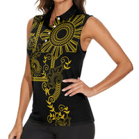 Filipino Sun Tribal Tattoo Women Sleeveless Polo Shirt Philippines Inspired Barong Simple Gold - Wonder Print Shop