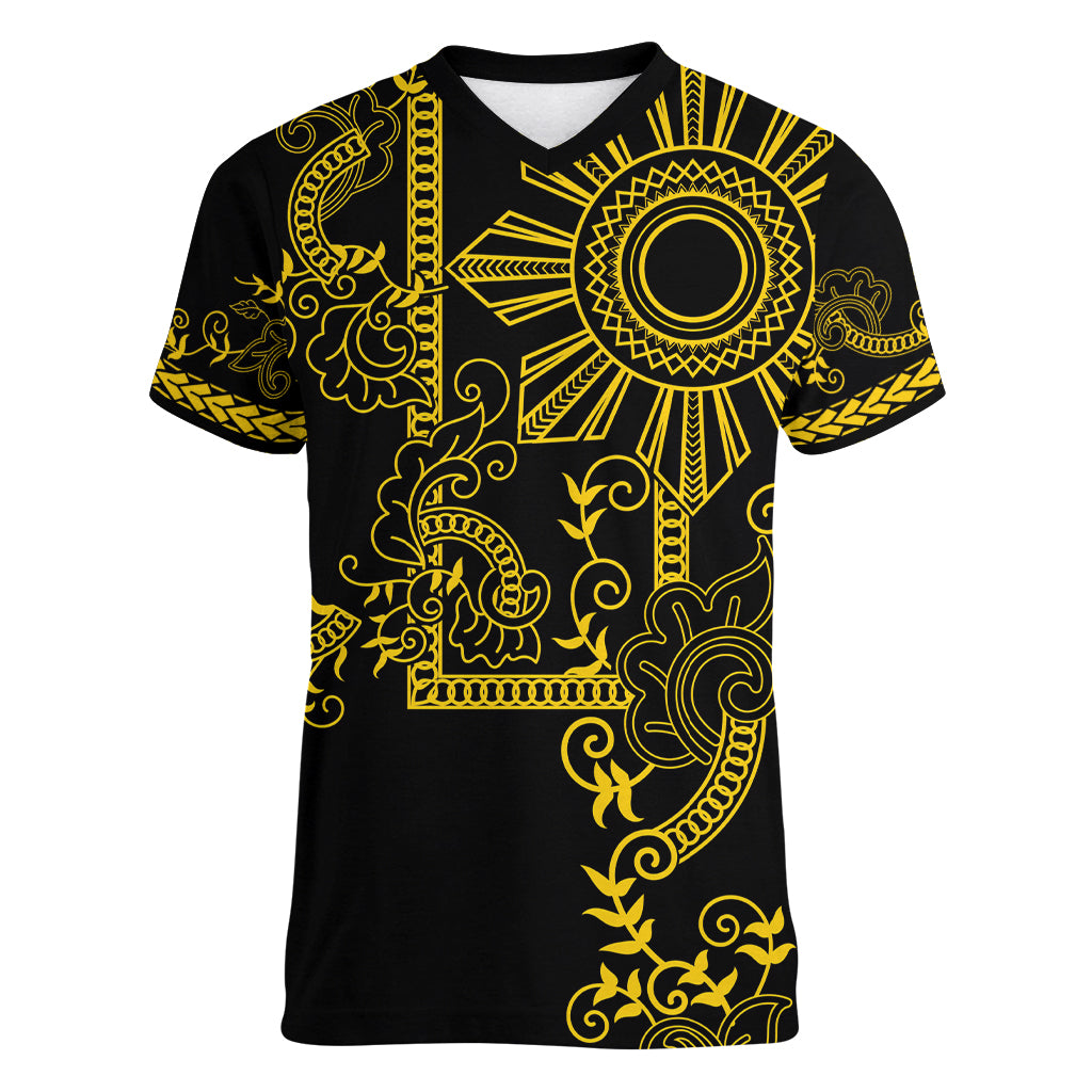 Filipino Sun Tribal Tattoo Women V-Neck T-Shirt Philippines Inspired Barong Simple Gold - Wonder Print Shop