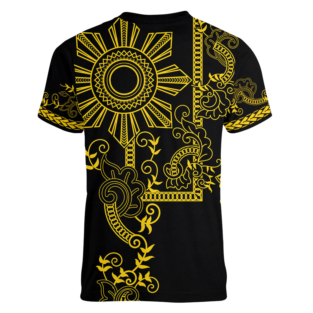 Filipino Sun Tribal Tattoo Women V-Neck T-Shirt Philippines Inspired Barong Simple Gold - Wonder Print Shop
