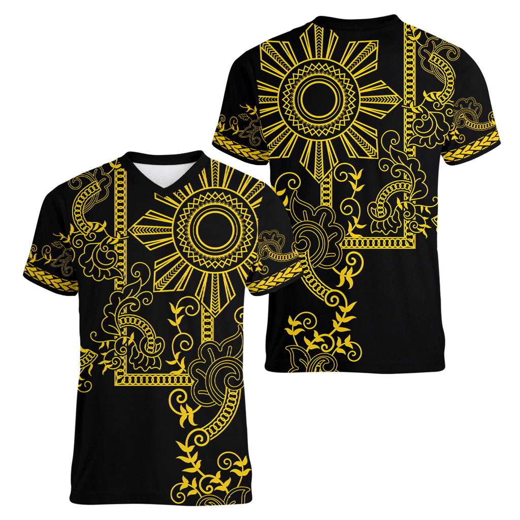 Filipino Sun Tribal Tattoo Women V-Neck T-Shirt Philippines Inspired Barong Simple Gold - Wonder Print Shop