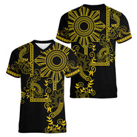 Filipino Sun Tribal Tattoo Women V-Neck T-Shirt Philippines Inspired Barong Simple Gold - Wonder Print Shop