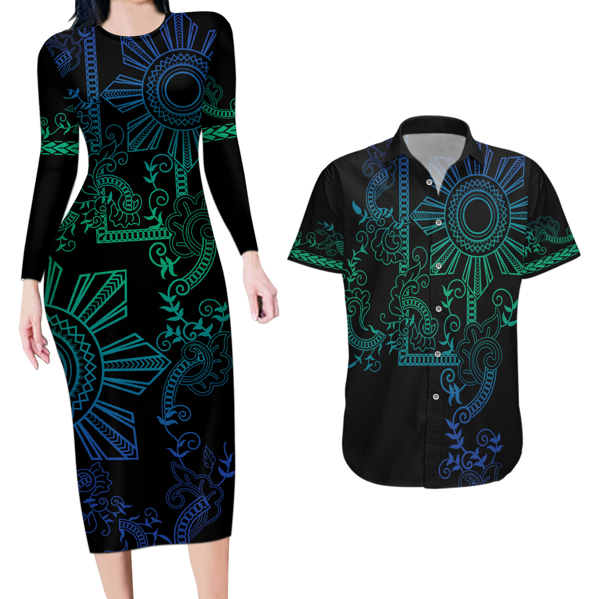 Filipino Sun Tribal Tattoo Couples Matching Long Sleeve Bodycon Dress and Hawaiian Shirt Philippines Inspired Barong Blue Art LT9 - Wonder Print Shop