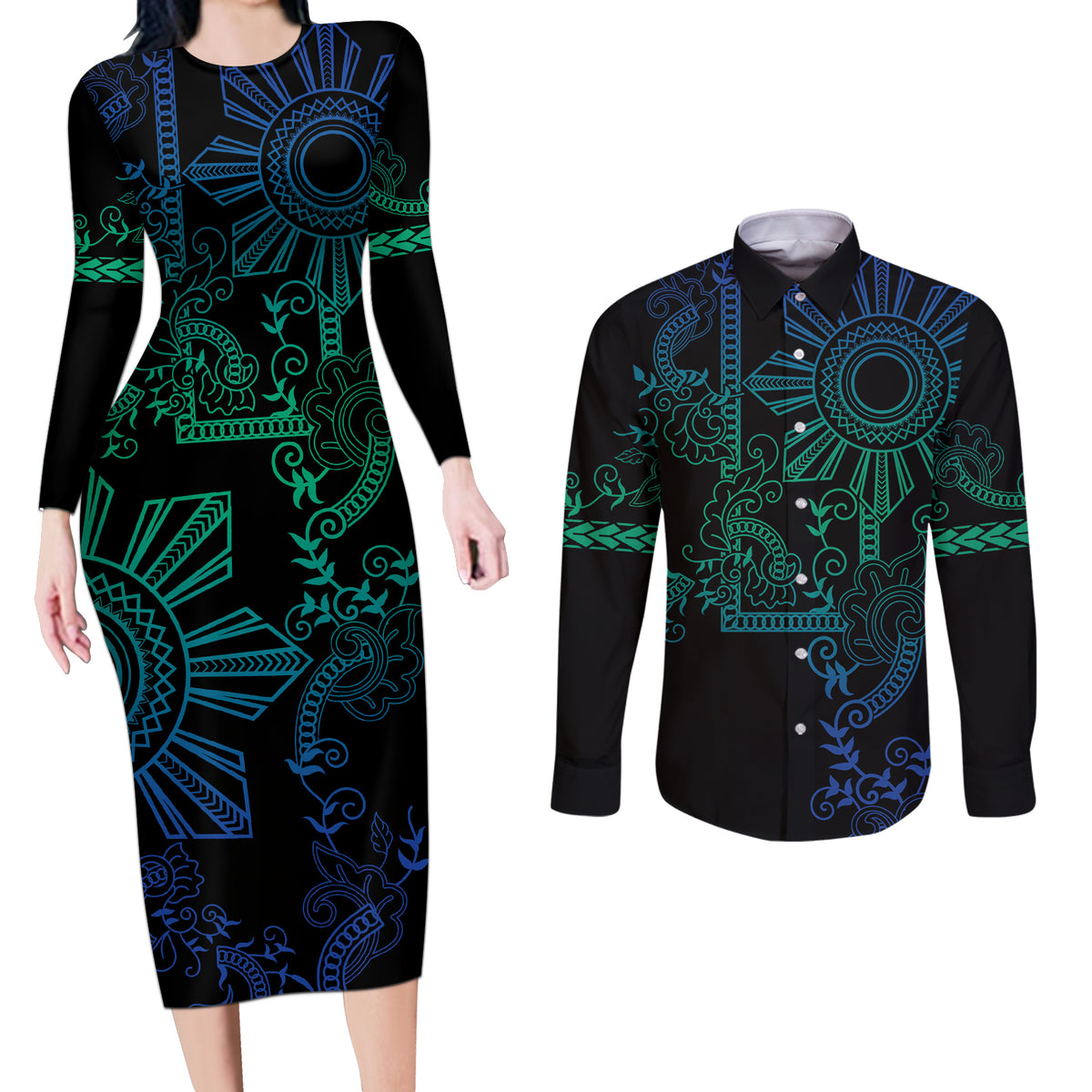 Filipino Sun Tribal Tattoo Couples Matching Long Sleeve Bodycon Dress and Long Sleeve Button Shirt Philippines Inspired Barong Blue Art LT9 - Wonder Print Shop